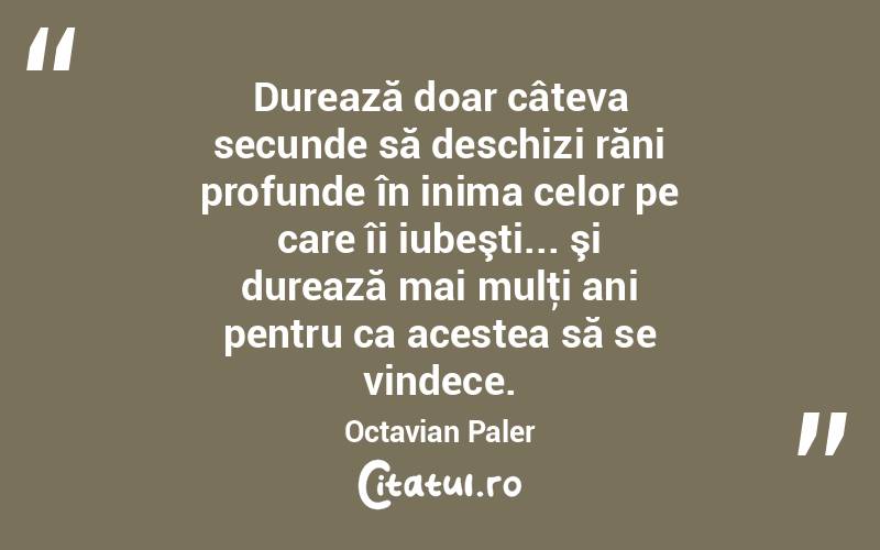  Durează doar câteva secunde să deschizi răni profunde în inima celor pe care îi iubeşti... şi durează mai mulţi ani pentru ca acestea să se vindece. Octavian Paler
