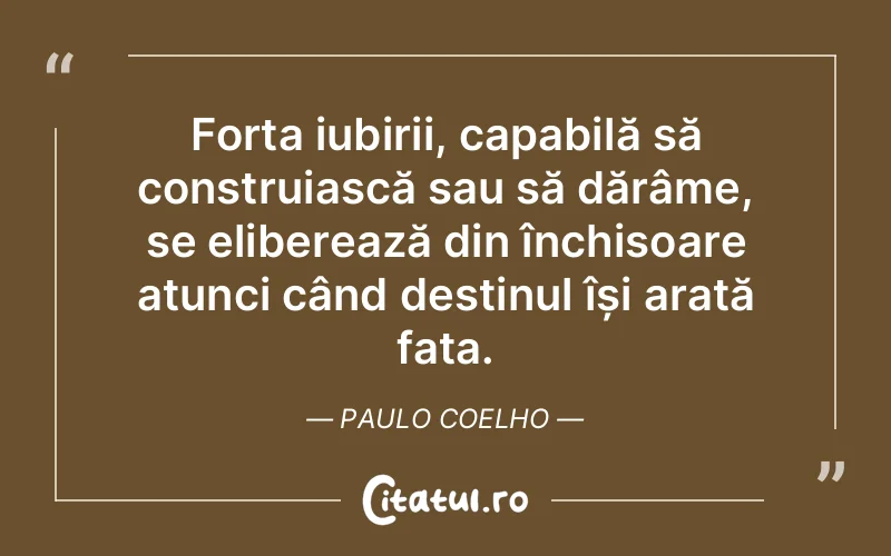 Forța iubirii, capabilă să construiască sau să dărâme, se eliberează din închisoare atunci când destinul își arată fața. Paulo Coelho