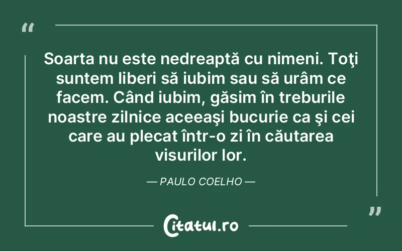 Soarta nu este nedreaptă cu nimeni. Toţi suntem liberi să iubim sau să urâm ce facem. Când iubim, găsim în treburile noastre zilnice aceeaşi bucurie ca şi cei care au plecat într-o zi în căutarea visurilor lor. Paulo Coelho