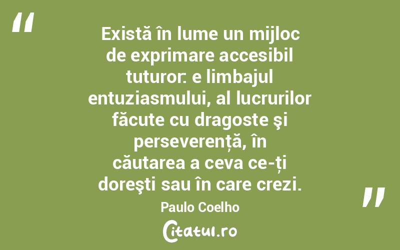   Există în lume un mijloc de exprimare accesibil tuturor: e limbajul entuziasmului, al lucrurilor făcute cu dragoste şi perseverenţă, în căutarea a ceva ce-ţi doreşti sau în care crezi. Paulo Coelho
