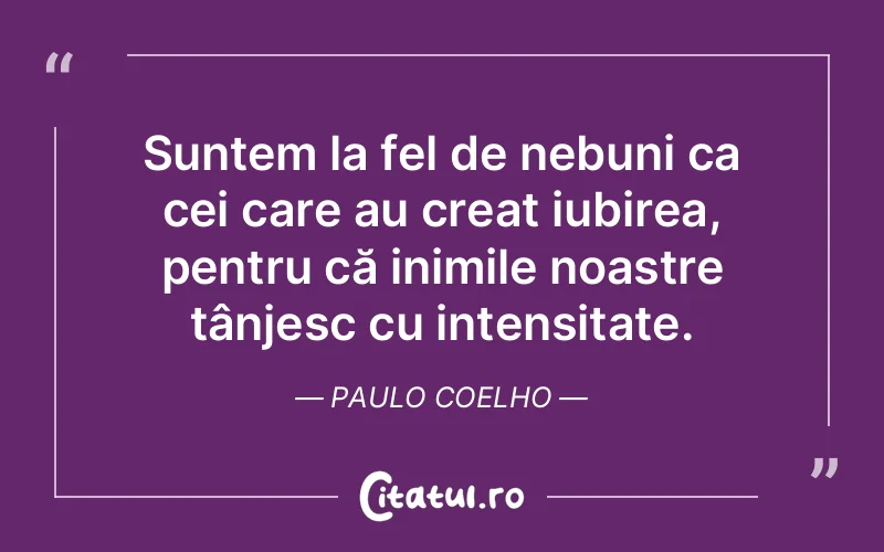 Suntem la fel de nebuni ca cei care au creat iubirea, pentru că inimile noastre tânjesc cu intensitate. Paulo Coelho
