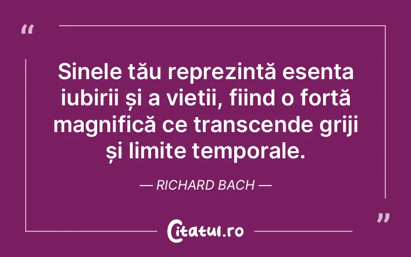 Sinele tău reprezintă esența iubirii și a vieții, fiind o forță magnifică ce transcende griji și limite temporale. Richard Bach