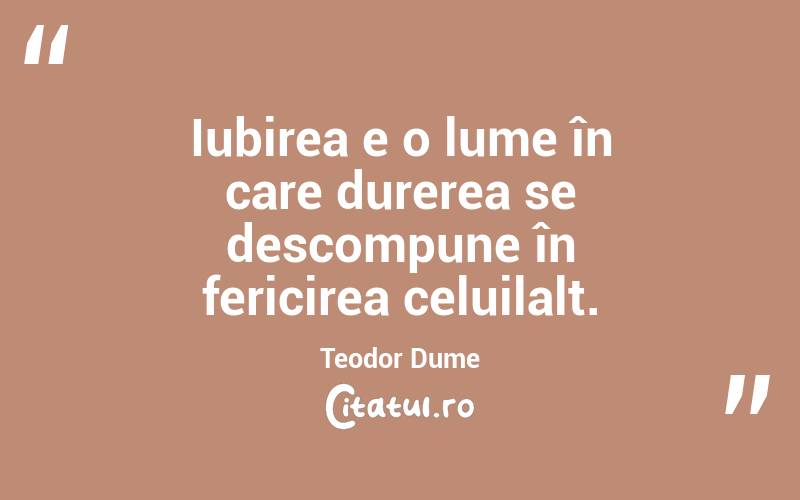 Iubirea e o lume în care durerea se descompune în fericirea celuilalt. Teodor Dume
