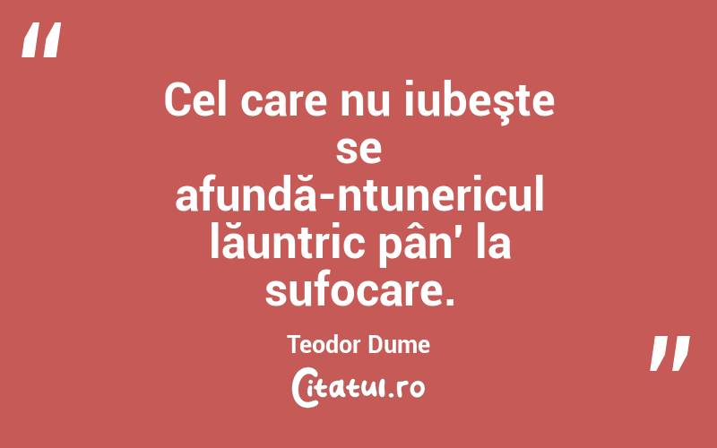 Cel care nu iubeşte se afundă-ntunericul lăuntric pân' la sufocare. Teodor Dume
