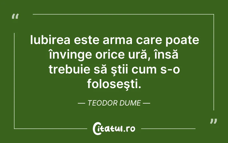 Iubirea este arma care poate învinge orice ură, însă trebuie să ştii cum s-o foloseşti. Teodor Dume