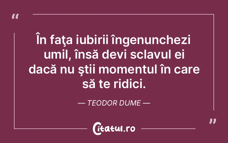 În faţa iubirii îngenunchezi umil, însă devi sclavul ei dacă nu ştii momentul în care să te ridici. Teodor Dume