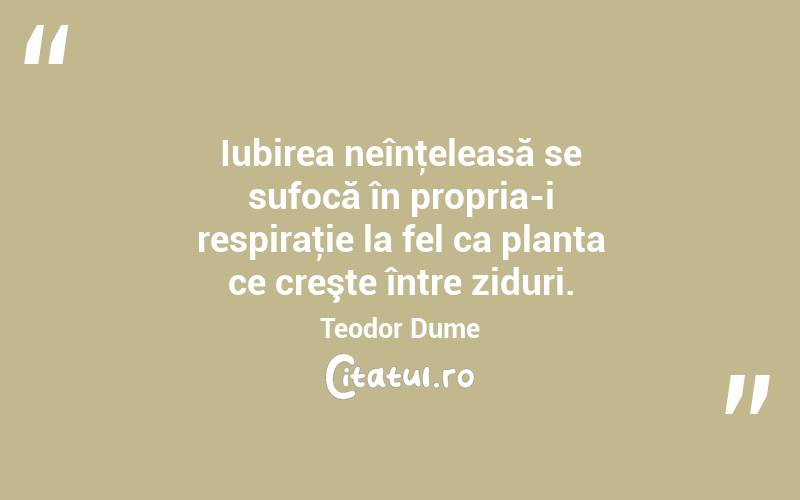 Iubirea neînţeleasă se sufocă în propria-i respiraţie la fel ca planta ce creşte între ziduri. Teodor Dume
