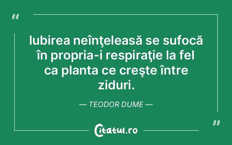 Iubirea neînţeleasă se sufocă în propria-i respiraţie la fel ca planta ce creşte între ziduri. Teodor Dume
