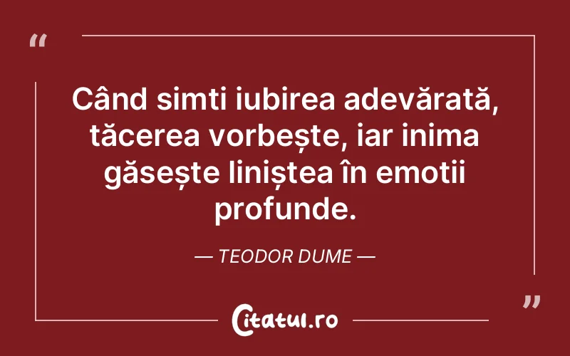 Când simți iubirea adevărată, tăcerea vorbește, iar inima găsește liniștea în emoții profunde. Teodor Dume