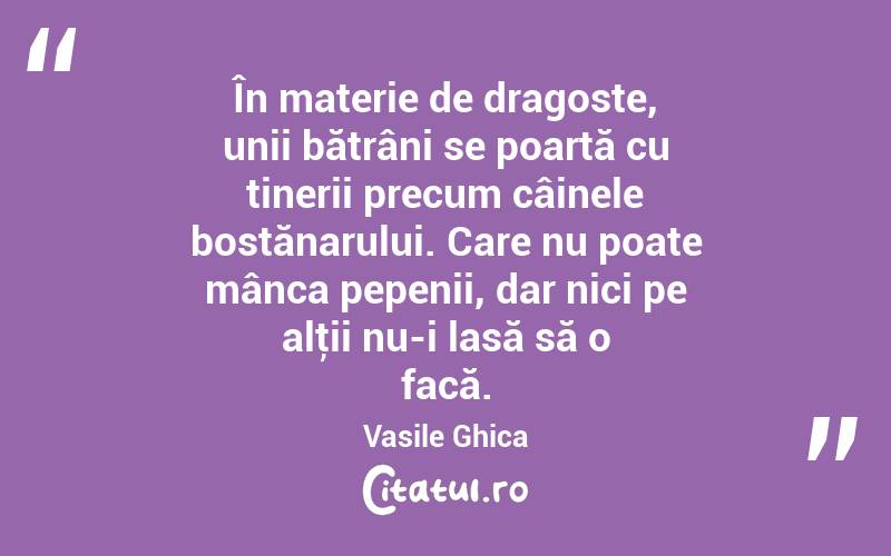 În materie de dragoste, unii bătrâni se poartă cu tinerii precum câinele bostănarului. Care nu poate mânca pepenii, dar nici pe alţii nu-i lasă să o facă. Vasile Ghica
