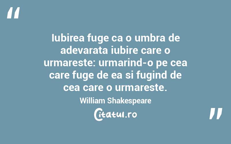 Iubirea fuge ca o umbra de adevarata iubire care o urmareste: urmarind-o pe cea care fuge de ea si fugind de cea care o urmareste. William Shakespeare
