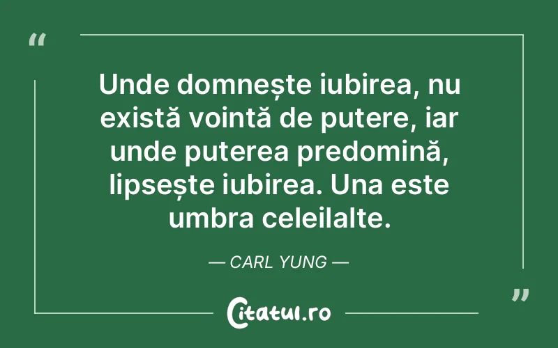 Unde domnește iubirea, nu există voință de putere, iar unde puterea predomină, lipsește iubirea. Una este umbra celeilalte. Carl Yung