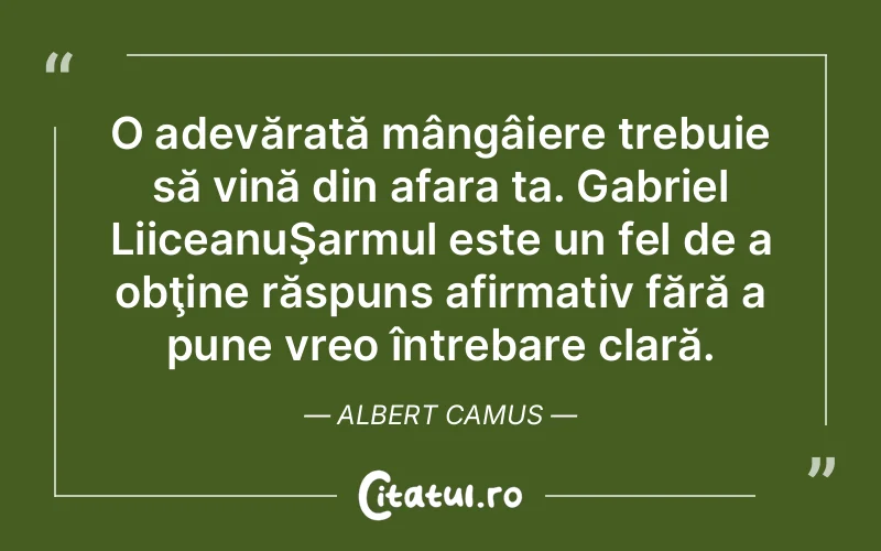 O adevărată mângâiere trebuie să vină din afara ta. Gabriel LiiceanuŞarmul este un fel de a obţine răspuns afirmativ fără a pune vreo întrebare clară. Albert Camus
