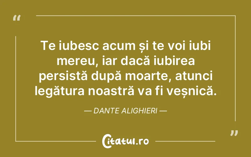 Te iubesc acum și te voi iubi mereu, iar dacă iubirea persistă după moarte, atunci legătura noastră va fi veșnică. Dante Alighieri