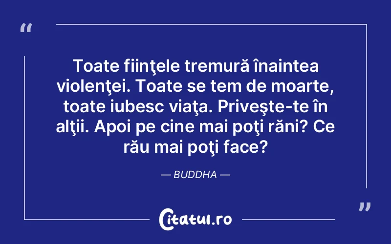 Toate fiinţele tremură înaintea violenţei. Toate se tem de moarte, toate iubesc viaţa. Priveşte-te în alţii. Apoi pe cine mai poţi răni? Ce rău mai poţi face?	Buddha