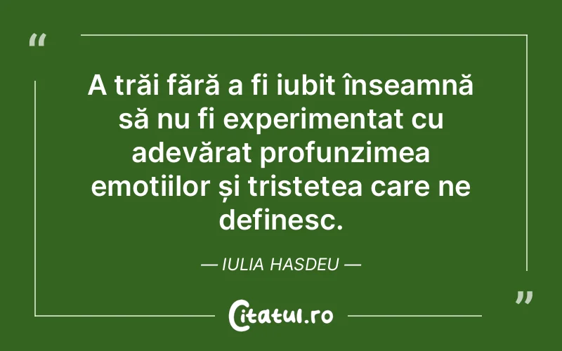 A trăi fără a fi iubit înseamnă să nu fi experimentat cu adevărat profunzimea emoțiilor și tristețea care ne definesc. Iulia Hasdeu