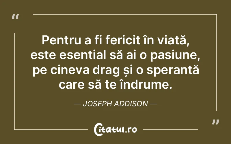Pentru a fi fericit în viață, este esențial să ai o pasiune, pe cineva drag și o speranță care să te îndrume. Joseph Addison