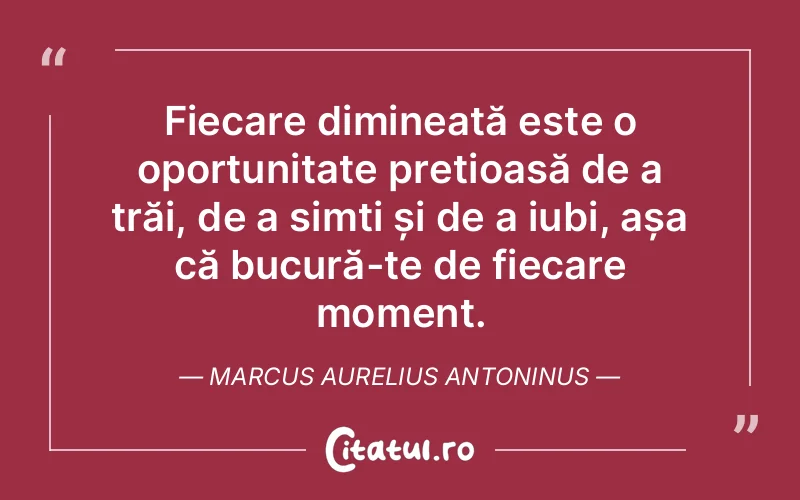 Fiecare dimineață este o oportunitate prețioasă de a trăi, de a simți și de a iubi, așa că bucură-te de fiecare moment. Marcus Aurelius Antoninus