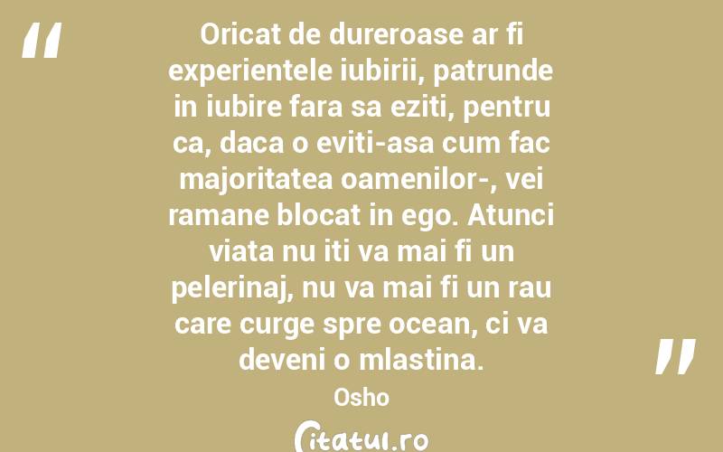 Oricat de dureroase ar fi experientele iubirii, patrunde in iubire fara sa eziti, pentru ca, daca o eviti-asa cum fac majoritatea oamenilor-, vei ramane blocat in ego. Atunci viata nu iti va mai fi un pelerinaj, nu va mai fi un rau care curge spre ocean, ci va deveni o mlastina. Osho
