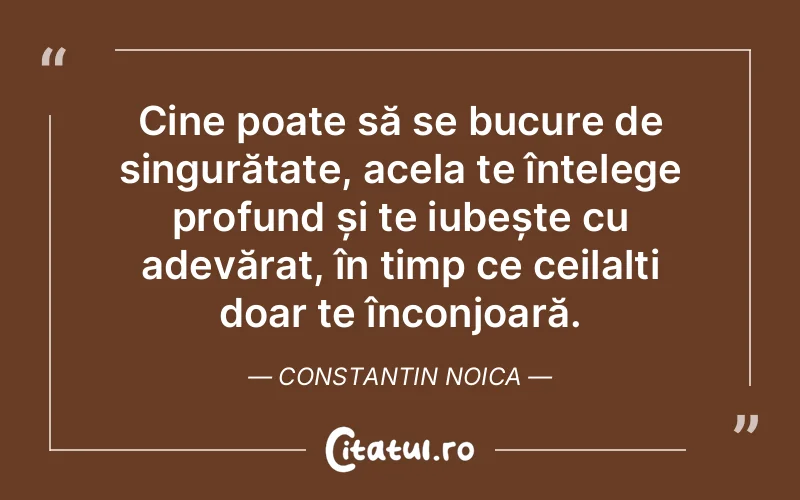 Cine poate să se bucure de singurătate, acela te înțelege profund și te iubește cu adevărat, în timp ce ceilalți doar te înconjoară. Constantin Noica