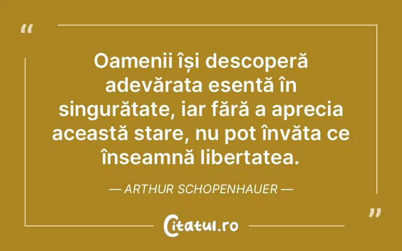 Oamenii își descoperă adevărata esență în singurătate, iar fără a aprecia această stare, nu pot învăța ce înseamnă libertatea. Arthur Schopenhauer