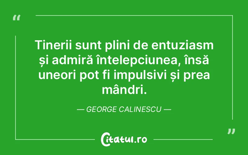 Tinerii sunt plini de entuziasm și admiră înțelepciunea, însă uneori pot fi impulsivi și prea mândri. George Calinescu