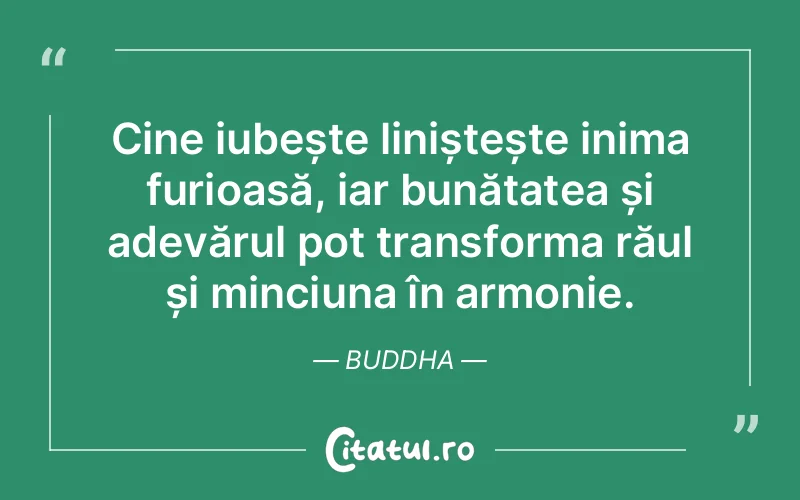 Cine iubește liniștește inima furioasă, iar bunătatea și adevărul pot transforma răul și minciuna în armonie. Buddha