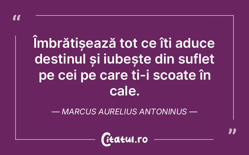 Îmbrățișează tot ce îți aduce destinul și iubește din suflet pe cei pe care ți-i scoate în cale. Marcus Aurelius Antoninus