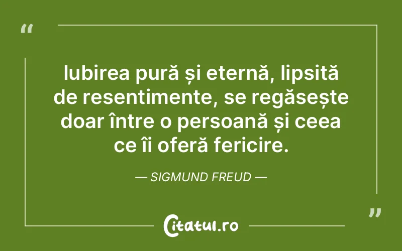 Iubirea pură și eternă, lipsită de resentimente, se regăsește doar între o persoană și ceea ce îi oferă fericire. Sigmund Freud