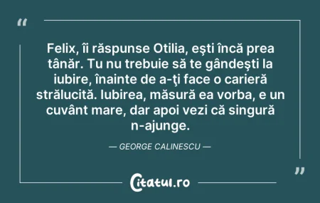 Citeste si: Felix, îi răspunse Otilia, eşti încă pre...
