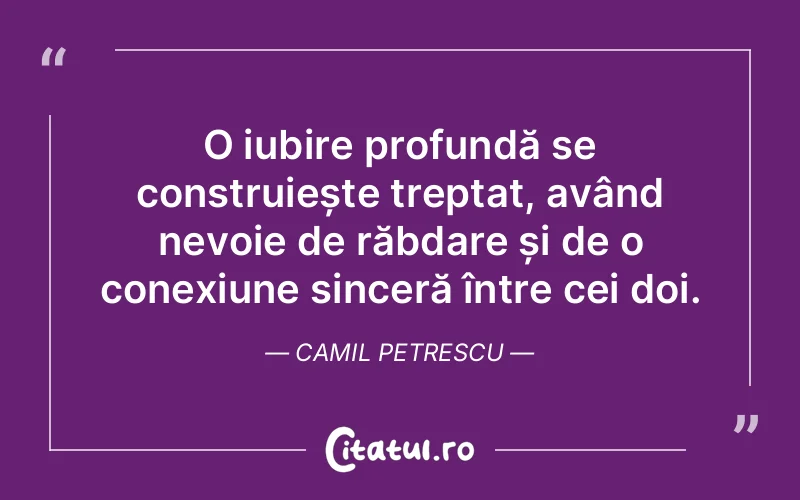 O iubire profundă se construiește treptat, având nevoie de răbdare și de o conexiune sinceră între cei doi. Camil Petrescu