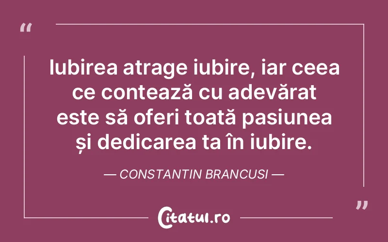 Iubirea atrage iubire, iar ceea ce contează cu adevărat este să oferi toată pasiunea și dedicarea ta în iubire. Constantin Brancusi