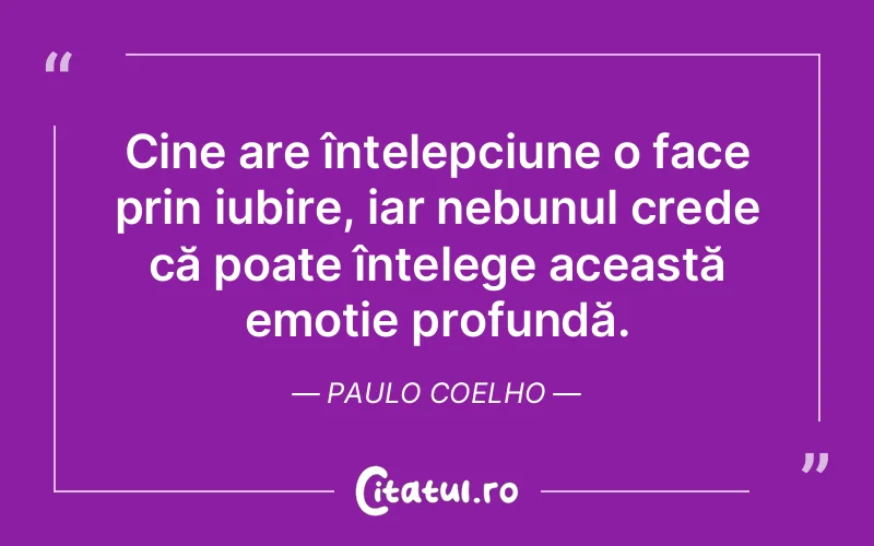 Cine are înțelepciune o face prin iubire, iar nebunul crede că poate înțelege această emoție profundă. Paulo Coelho