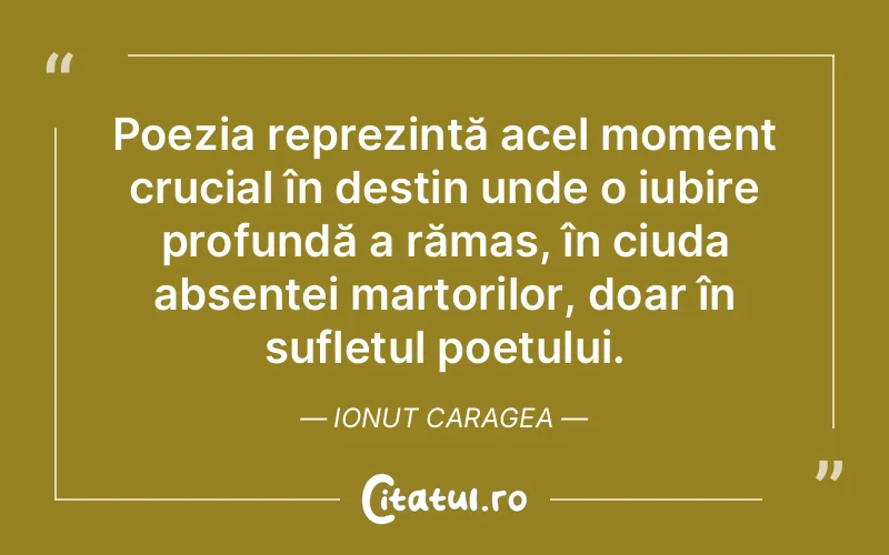 Poezia reprezintă acel moment crucial în destin unde o iubire profundă a rămas, în ciuda absenței martorilor, doar în sufletul poetului. Ionut Caragea