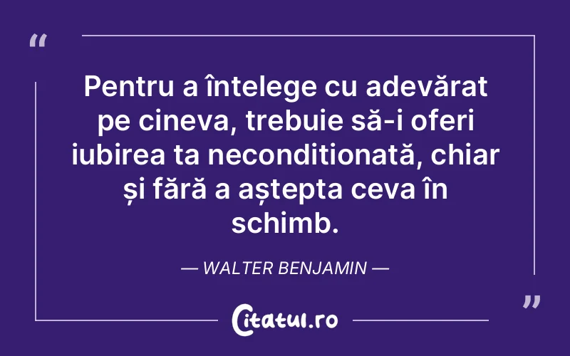 Pentru a înțelege cu adevărat pe cineva, trebuie să-i oferi iubirea ta necondiționată, chiar și fără a aștepta ceva în schimb. Walter Benjamin