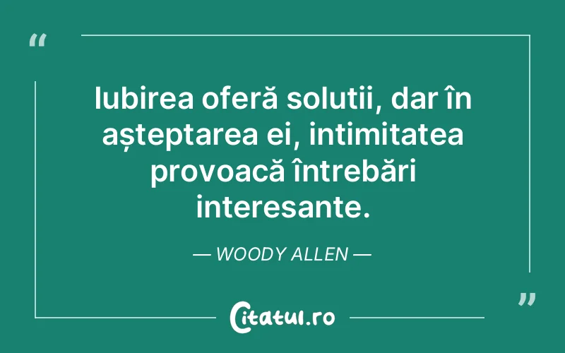 Iubirea oferă soluții, dar în așteptarea ei, intimitatea provoacă întrebări interesante. Woody Allen
