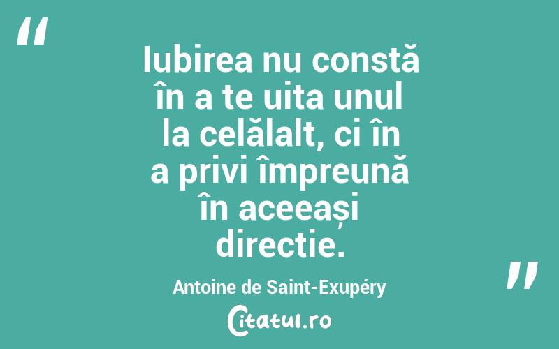 Iubirea nu constă în a te uita unul la celălalt, ci în a privi împreună în aceeași direcție. Antoine de Saint-Exupéry
