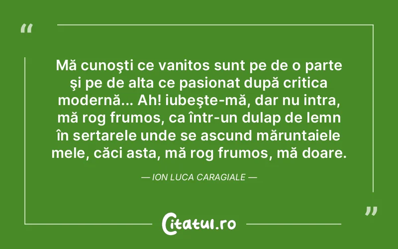 Mă cunoşti ce vanitos sunt pe de o parte şi pe de alta ce pasionat după critica modernă... Ah! iubeşte-mă, dar nu intra, mă rog frumos, ca într-un dulap de lemn în sertarele unde se ascund măruntaiele mele, căci asta, mă rog frumos, mă doare. Ion Luca Caragiale