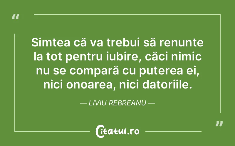 Simțea că va trebui să renunțe la tot pentru iubire, căci nimic nu se compară cu puterea ei, nici onoarea, nici datoriile. Liviu Rebreanu