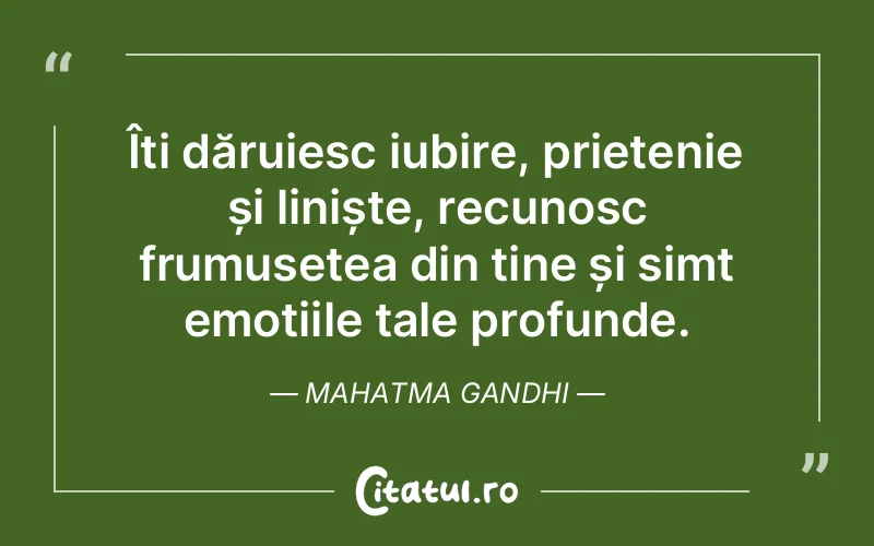 Îți dăruiesc iubire, prietenie și liniște, recunosc frumusețea din tine și simt emoțiile tale profunde. Mahatma Gandhi