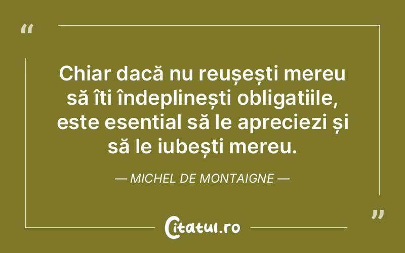 Chiar dacă nu reușești mereu să îți îndeplinești obligațiile, este esențial să le apreciezi și să le iubești mereu. Michel de Montaigne