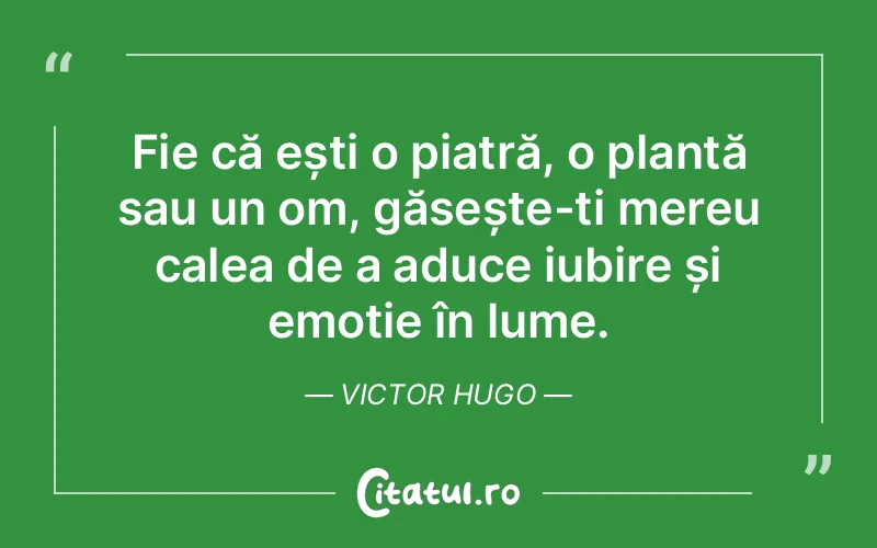 Fie că ești o piatră, o plantă sau un om, găsește-ți mereu calea de a aduce iubire și emoție în lume. Victor Hugo
