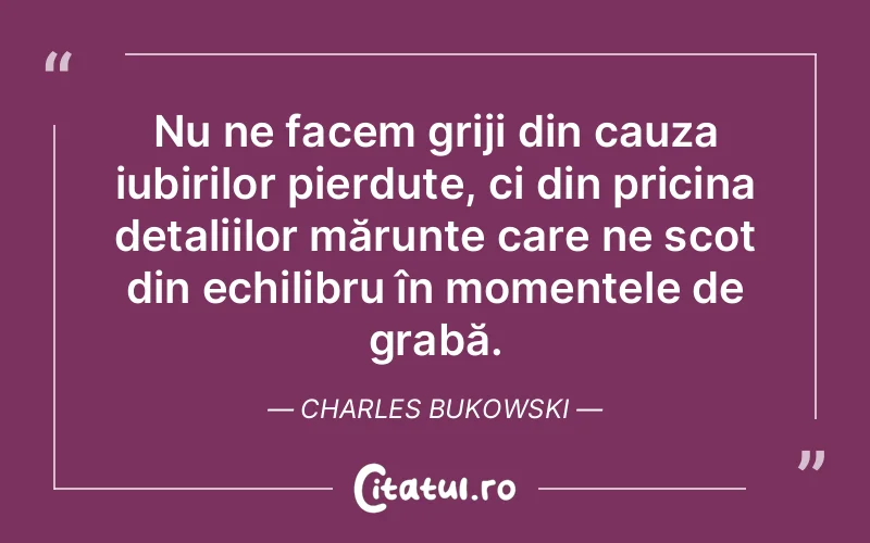 Nu ne facem griji din cauza iubirilor pierdute, ci din pricina detaliilor mărunte care ne scot din echilibru în momentele de grabă. Charles Bukowski