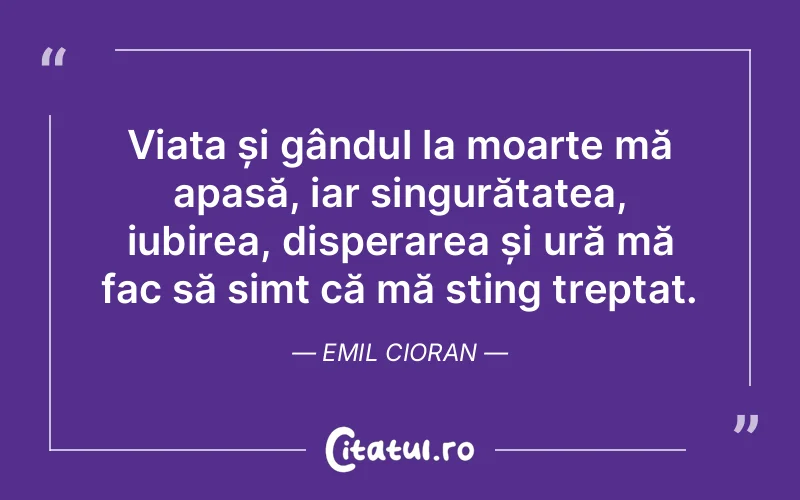 Viața și gândul la moarte mă apasă, iar singurătatea, iubirea, disperarea și ură mă fac să simt că mă sting treptat. Emil Cioran
