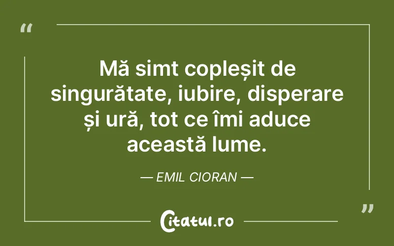 Mă simt copleșit de singurătate, iubire, disperare și ură, tot ce îmi aduce această lume. Emil Cioran
