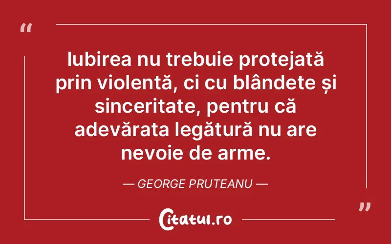 Iubirea nu trebuie protejată prin violență, ci cu blândețe și sinceritate, pentru că adevărata legătură nu are nevoie de arme. George Pruteanu