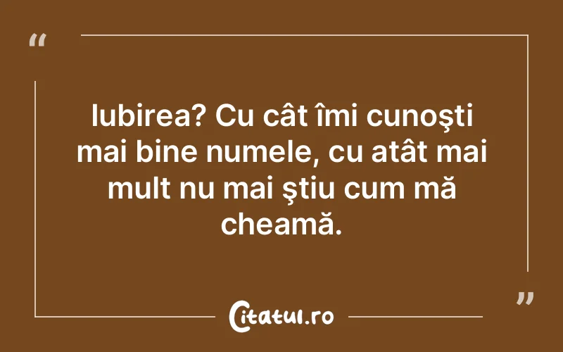 Iubirea? Cu cât îmi cunoşti mai bine numele, cu atât mai mult nu mai ştiu cum mă cheamă.