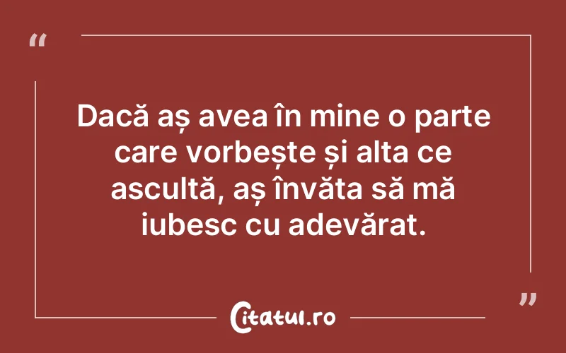 Dacă aș avea în mine o parte care vorbește și alta ce ascultă, aș învăța să mă iubesc cu adevărat.