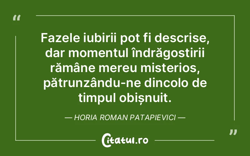 Fazele iubirii pot fi descrise, dar momentul îndrăgostirii rămâne mereu misterios, pătrunzându-ne dincolo de timpul obișnuit. Horia Roman Patapievici