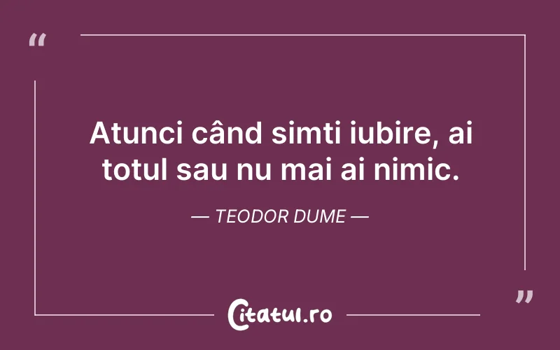 Atunci când simți iubire, ai totul sau nu mai ai nimic. Teodor Dume